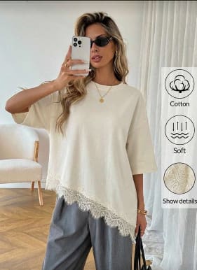SHEIN Fast Delivery Apricot Lace Hem T-Shirt Top – Soft Cotton Casual Blouse
