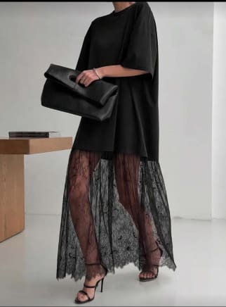 SHEIN Fast Delivery Black Oversized Lace Hem Dress – Casual Loose Fit Dress