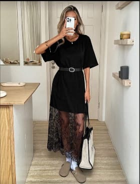 SHEIN Fast Delivery Black Oversized Lace Hem Dress – Casual T-Shirt Dress