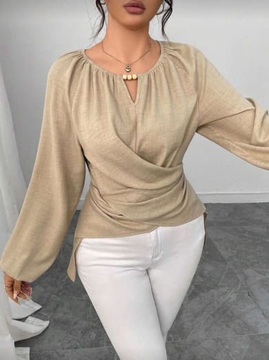 SHEIN Fast Delivery Khaki Wrap Front Long Sleeve Blouse – Elegant Draped Top