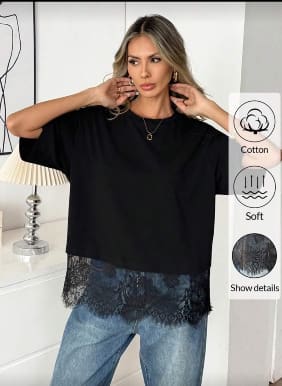 SHEIN Fast Delivery Black Lace Hem Cotton T-Shirt – Casual Soft Blouse
