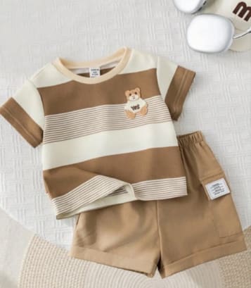 SHEIN Baby Boys Bear Stripe T-Shirt and Shorts Set