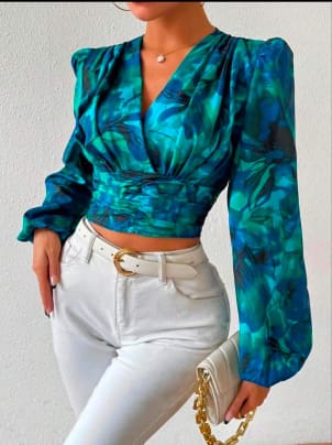 SHEIN Women’s Floral Satin Wrap Crop Blouse