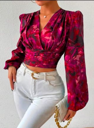 SHEIN Women’s Floral Satin Wrap Crop Blouse