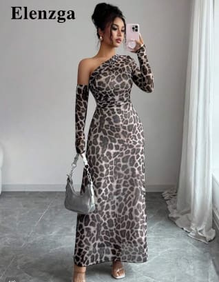 Elenzga One-Shoulder Leopard Print Maxi Dress