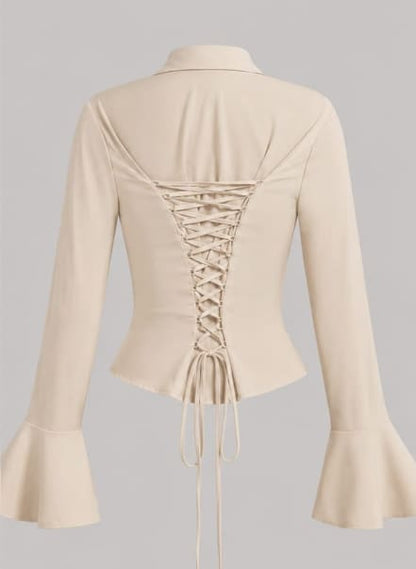 SHEIN Women’s Beige Lace-Up Back Flare Sleeve Blouse