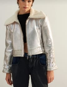 Silver Faux Leather Shearling Jacket – Cropped Aviator Biker Jacket – Zip Front – Soft Plush Collar