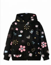 Girls Black Cartoon Print Hoodie – Cute Floral & Heart Long Sleeve Hooded Sweatshirt