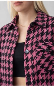 Women’s Houndstooth Longline Cardigan Jacket – Pink and Black Knit Open Front Layering Piece