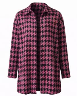 Women’s Houndstooth Longline Cardigan Jacket – Pink and Black Knit Open Front Layering Piece