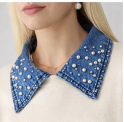 Women’s Knit Two Piece Set – Longline Sweater Top with Wide Leg Pants and Pearl Denim Collar Detail