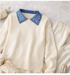 Women’s Knit Two Piece Set – Longline Sweater Top with Wide Leg Pants and Pearl Denim Collar Detail