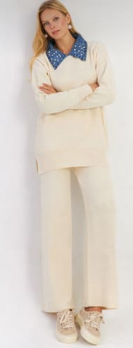 Women’s Knit Two Piece Set – Longline Sweater Top with Wide Leg Pants and Pearl Denim Collar Detail
