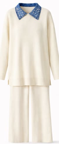 Women’s Knit Two Piece Set – Longline Sweater Top with Wide Leg Pants and Pearl Denim Collar Detail