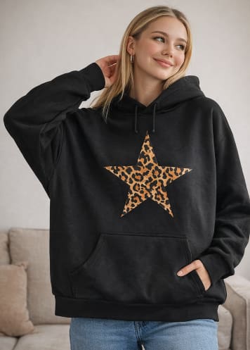 Black Oversized Star Print Hoodie – Leopard Star Casual Winter Sweatshirt for Women