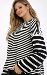 Women’s Black & White Mixed Stripe Long Sleeve Top – Casual Oversized Blouse