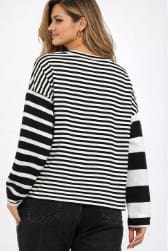 Women’s Black & White Mixed Stripe Long Sleeve Top – Casual Oversized Blouse