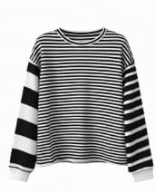 Women’s Black & White Mixed Stripe Long Sleeve Top – Casual Oversized Blouse