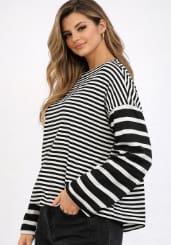 Women’s Black & White Mixed Stripe Long Sleeve Top – Casual Oversized Blouse