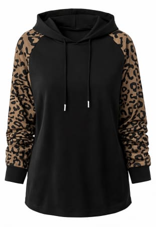 Women’s Black Leopard Print Sleeve Hoodie Top – Casual Long Sleeve Pullover