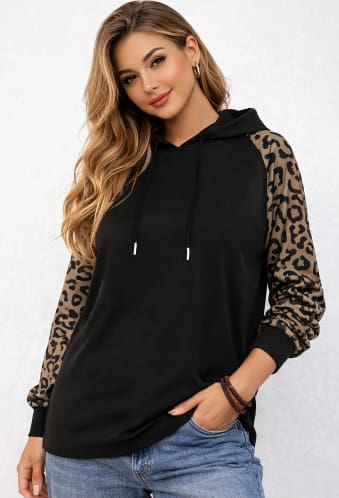 Women’s Black Leopard Print Sleeve Hoodie Top – Casual Long Sleeve Pullover