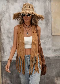 Women’s Fringe Suede Vest – Sleeveless Open Front Western Style Tassel Cardigan – Boho Festival Layering Piece