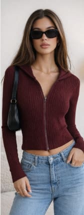 Burgundy Ribbed Zip Front Knit Top for Women – Slim Fit Long Sleeve Shein Style Sweater Cardigan