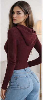 Burgundy Ribbed Zip Front Knit Top for Women – Slim Fit Long Sleeve Shein Style Sweater Cardigan