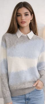 Grey and Light Blue Color Block Knit Sweater for Women – Soft Casual Winter Pullover Shein Style