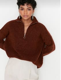 Brown Half-Zip High Neck Knit Sweater – Cozy Winter Pullover – Soft Ribbed Casual Sweater for Women
