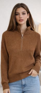 Brown Half-Zip High Neck Knit Sweater – Cozy Winter Pullover – Soft Ribbed Casual Sweater for Women