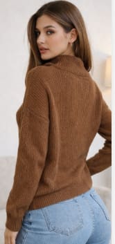 Brown Half-Zip High Neck Knit Sweater – Cozy Winter Pullover – Soft Ribbed Casual Sweater for Women