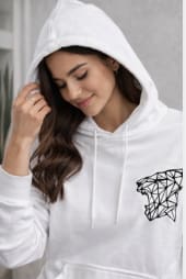 Women's White Fleece Hoodie – Geometric Tiger Graphic Pullover with Kangaroo Pocket