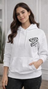 Women's White Fleece Hoodie – Geometric Tiger Graphic Pullover with Kangaroo Pocket