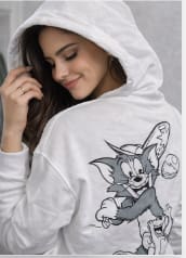 Women's White Cartoon Graphic Hoodie – Oversized Casual Pullover with Front & Back Print