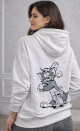 Women's White Cartoon Graphic Hoodie – Oversized Casual Pullover with Front & Back Print