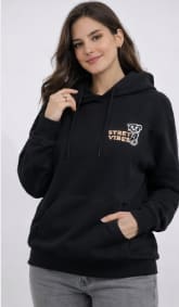 Women's Black Graphic Hoodie – Casual Streetwear Pullover with Front & Side Print