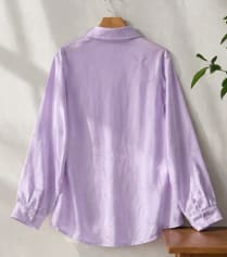 Women's Satin Button Front Shirt – Lavender Long Sleeve Collared Blouse – Glossy Loose Fit Elegant Top