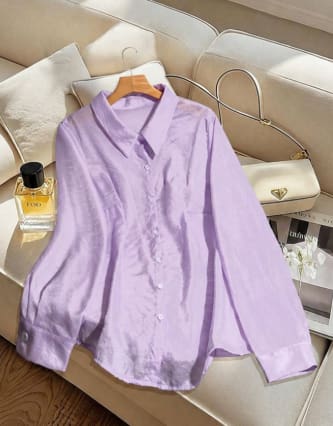 Women's Satin Button Front Shirt – Lavender Long Sleeve Collared Blouse – Glossy Loose Fit Elegant Top
