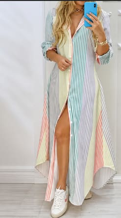 Women Striped Maxi Shirt Dress – Long Sleeve Button Down Casual Dress – Multicolor Summer Dress