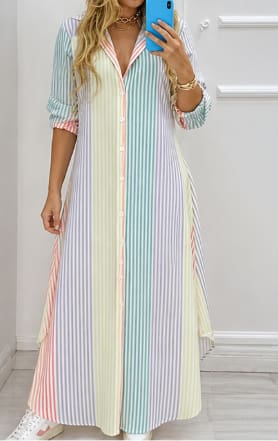 Women Striped Maxi Shirt Dress – Long Sleeve Button Down Casual Dress – Multicolor Summer Dress