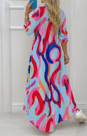 Women Abstract Print Maxi Shirt Dress – Long Sleeve Button Down Colorful Dress – Summer Casual Dress