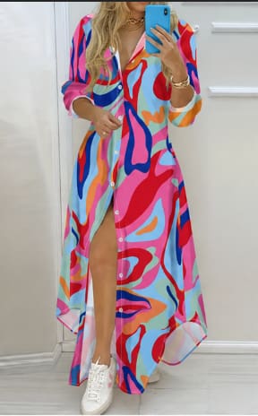 Women Abstract Print Maxi Shirt Dress – Long Sleeve Button Down Colorful Dress – Summer Casual Dress