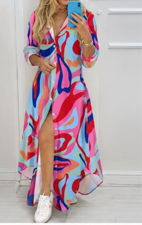 Women Abstract Print Maxi Shirt Dress – Long Sleeve Button Down Colorful Dress – Summer Casual Dress