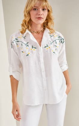 Women Embroidered Floral Shirt – Long Sleeve Casual Cotton Blouse – White Elegant Top