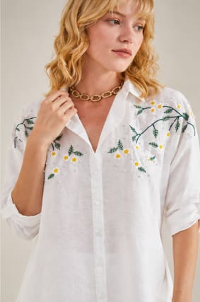 Women Embroidered Floral Shirt – Long Sleeve Casual Cotton Blouse – White Elegant Top