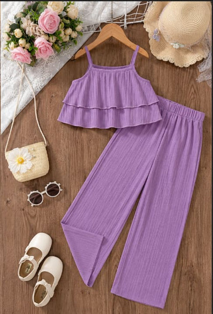 Girls 2-Piece Ruffle Cami Top and Wide Leg Pants Set – White & Purple Summer Outfit