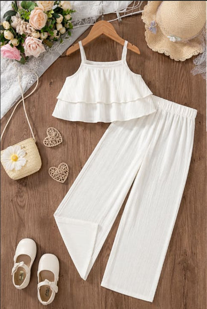 Girls 2-Piece Ruffle Cami Top and Wide Leg Pants Set – White & Purple Summer Outfit