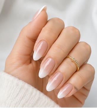 24-Piece Ombre French Press-On Nails – Nude White Almond Fake Nails – Glossy Elegant Manicure Set