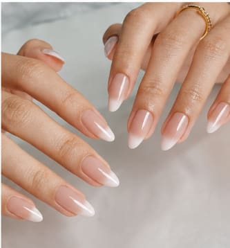 24-Piece Ombre French Press-On Nails – Nude White Almond Fake Nails – Glossy Elegant Manicure Set